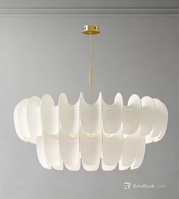 Modern White Petal Shaped Chandelier With Gold Rod And Layered Design For Interior Decor 3d model 