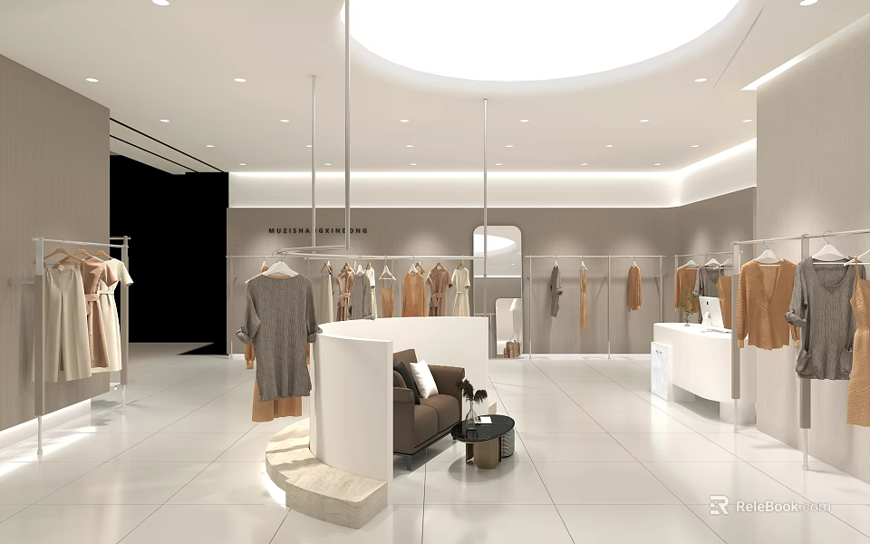 Fashion Retail Store with Modern Decor Hangers and Clothing Displays Bright Lighting and White Flooring 3d model 