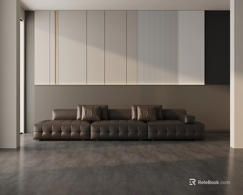 Modern Dark Brown Leather Three-Seater Sofa In Living Room With Paneled Walls And Gray Flooring 3d model 