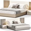 Modern Double Bed With Wooden Slat Headboard Nightstand White Sheets And Gray Pillows