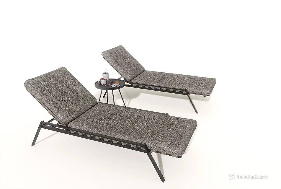 Pair of Gray Woven Lounge Chairs with Black Metal Frames and Side Table 3d model 