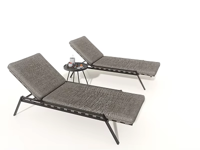 Pair of Gray Woven Lounge Chairs with Black Metal Frames and Side Table 3d model