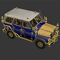 Vintage Off Road Car With Blue Body Gold Accents And White Roof Ornate Decorations