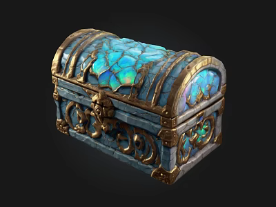 Ornate Treasure Chest With Blue Inlaid Patterns And Golden Decorative Accents 3d model