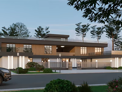 Modern Two Story Guesthouse Building Exterior With Trees Illuminated Windows And Entrance Driveway 3d model