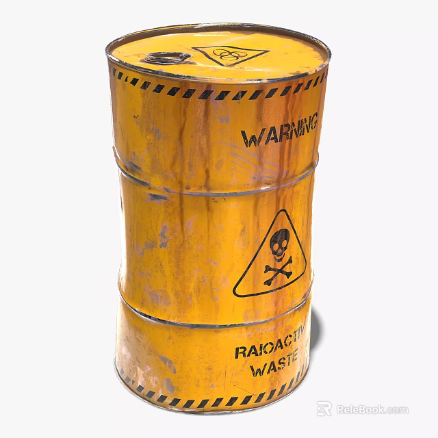 Yellow Industrial Radioactive Waste Container with Warning Signs and Skull Symbol 3d model 