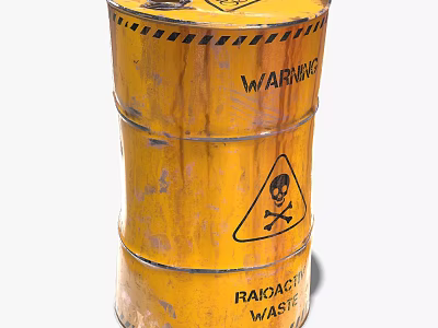 Yellow Industrial Radioactive Waste Container with Warning Signs and Skull Symbol 3d model