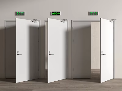 Interior View Of Three Open White Doors With Green Exit Signs Above 3d model