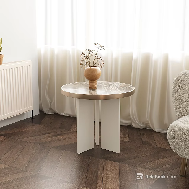 Elegant Modern Living Room Side Table With Round Marble Top And White Double Leg 3d model 