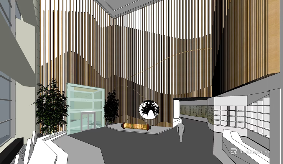 Cultural Center Interior With Wooden Striped Walls Globe Green Plants And Display Area 3d model 