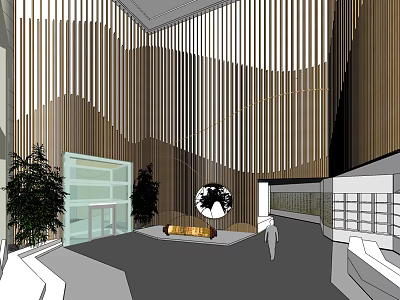 Cultural Center Interior With Wooden Striped Walls Globe Green Plants And Display Area 3d model