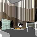Cultural Center Interior With Wooden Striped Walls Globe Green Plants And Display Area
