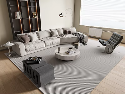 Modern Sofa And Round Coffee Table Set With Accent Chair And Floor Lamp In Living Room 3d model