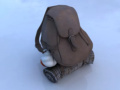 Brown Canvas Backpack with Plaid Blanket and White Water Bottle for Outdoor Trips 3d model