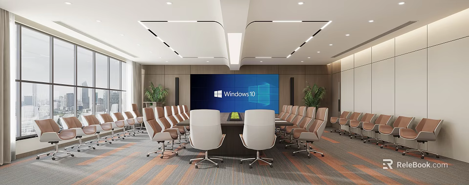 Modern Conference Room With Large Windows 11 Screen Meeting Table Comfortable Chairs And Green Plants 3d model 