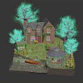 Cartoon Scene with Brick House Trees Gazebo Boat and Lush Green Grass
