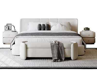 Modern White Double Bed With Sleek Headboard Gray White Pillows Striped Bedding And Checkered Blanket 3d model