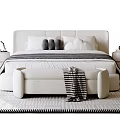 Modern White Double Bed With Sleek Headboard Gray White Pillows Striped Bedding And Checkered Blanket