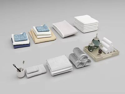 Assorted Colored Bath Towels Stacked Rolled With Tray Bottles And Brush 3d model Assorted Colored Bath Towels Stacked Rolled With Tray Bottles And Brush 3d model