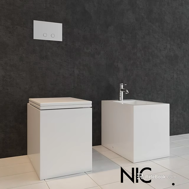 Modern White Toilet With Matching Washbasin In Dark Wall Bathroom And Light Tiled Floor 3d model 