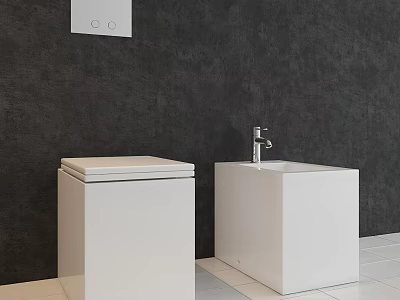 Modern White Toilet With Matching Washbasin In Dark Wall Bathroom And Light Tiled Floor 3d model
