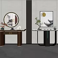 Elegant Decorative Console Table With Circular Mirror Moon Painting And Pine Plant 3d model