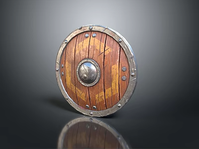 Medieval Wooden Shield With Round Metal Center And Riveted Border Design 3d model