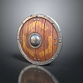 Medieval Wooden Shield With Round Metal Center And Riveted Border Design