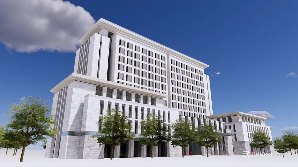 Modern Office Building With White Facade And Large Windows Under Blue Sky And Trees 3d model 