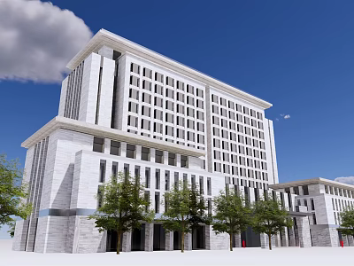 Modern Office Building With White Facade And Large Windows Under Blue Sky And Trees 3d model