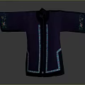 Elegant woman wearing traditional purple dress with blue trim and floral embroidery details