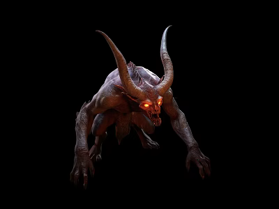 Game Movie Character Red Demon with Large Horns Glowing Red Eyes Sharp Claws Crouching Pose 3d model