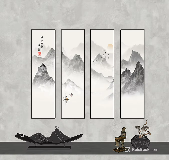 Traditional Chinese Landscape Painting With Misty Mountains Flying Birds And Sun 3d model 