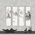 Traditional Chinese Landscape Painting With Misty Mountains Flying Birds And Sun