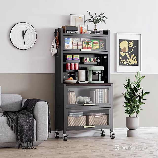 Modern Buffet Cabinet with Glass Doors Multi Tiered Storage on Wheels for Kitchen Supplies 3d model 