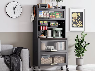 Modern Buffet Cabinet with Glass Doors Multi Tiered Storage on Wheels for Kitchen Supplies 3d model
