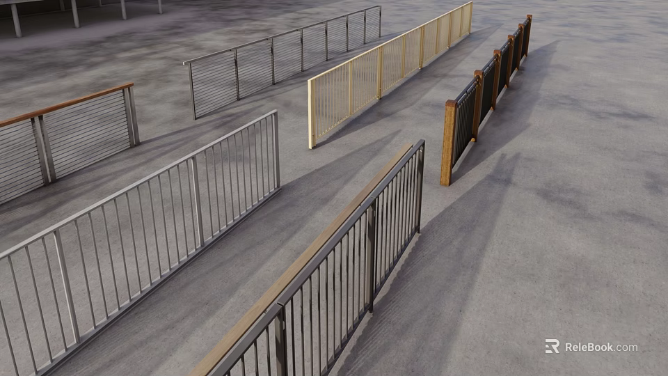 Various Styles of Metal and Wooden Railings in Outdoor Display Area 3d model 