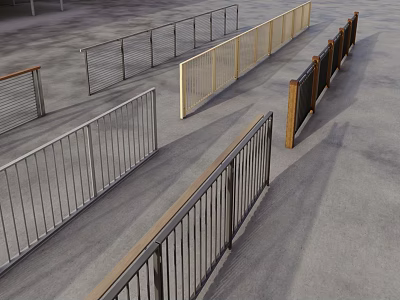 Various Styles of Metal and Wooden Railings in Outdoor Display Area 3d model