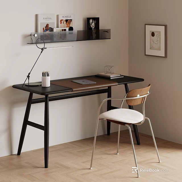 Modern Workspace With Black Desk Wooden Top Lamp And White Cushion Chair 3d model 
