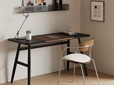 Modern Workspace With Black Desk Wooden Top Lamp And White Cushion Chair 3d model