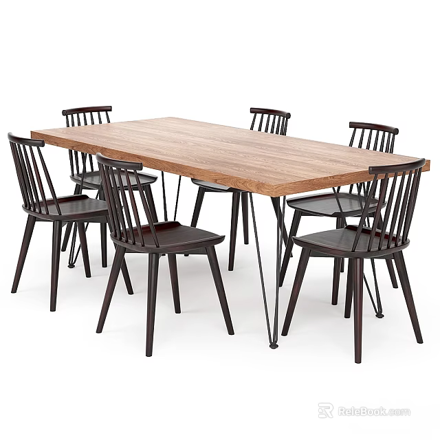 Modern Dining Table And Chairs Set With Wooden Rectangular Top Dark Backrest Chairs 3d model 
