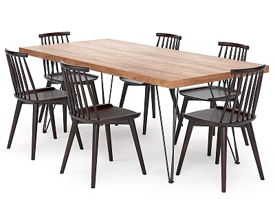 Modern Dining Table And Chairs Set With Wooden Rectangular Top Dark Backrest Chairs 3d model