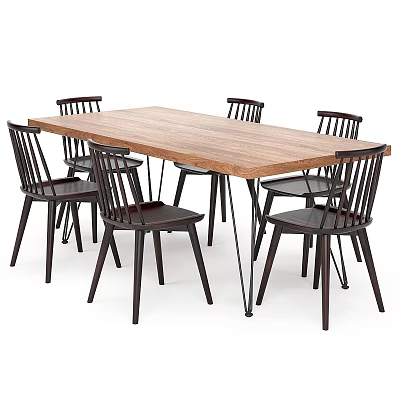 Modern Dining Table And Chairs Set With Wooden Rectangular Top Dark Backrest Chairs 3d model