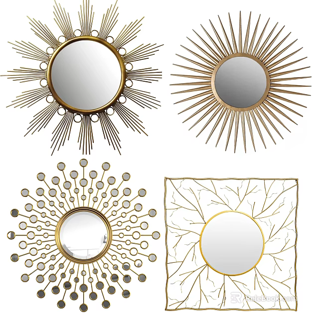 Artistic Decorative Wall Mirrors With Gold Frame Sunburst And Geometric Pattern Designs 3d model
