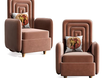 Brown Single Sofa With Velvet Upholstery Armrests Wooden Legs And Fruit Pattern Pillow 3d model