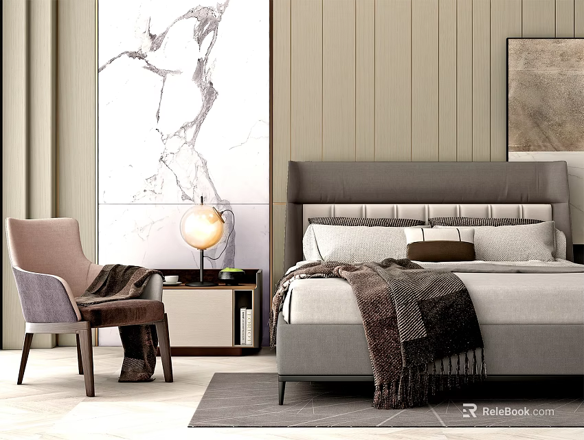 Modern Double Bed Interior Featuring Gray Headboard Nightstand Table Lamp And Marble Decor 3d model
