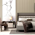 Modern Double Bed Interior Featuring Gray Headboard Nightstand Table Lamp And Marble Decor 3d model