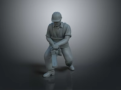3D Model Of Worker In Safety Helmet Operating Chainsaw With Work Attire 3d model