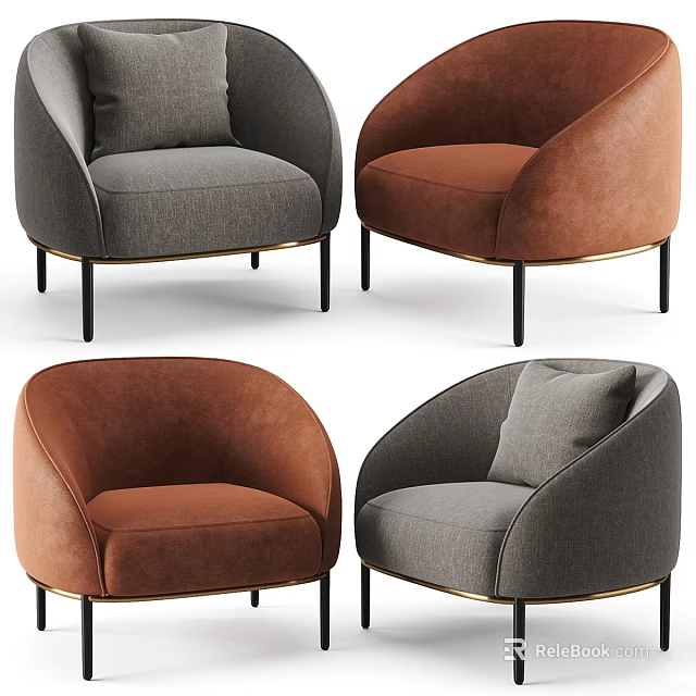 Modern Accent Chairs in Gray and Brown Upholstery with Metal Legs and Soft Comfortable Cushions 3d model 