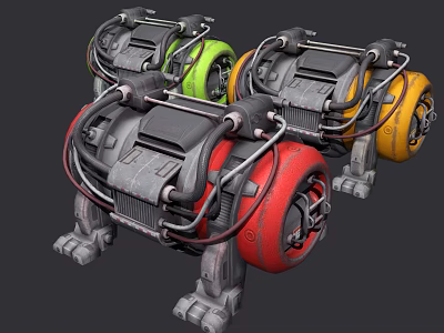 Industrial Mechanical Engines In Green Yellow Red With Metallic Parts 3d model